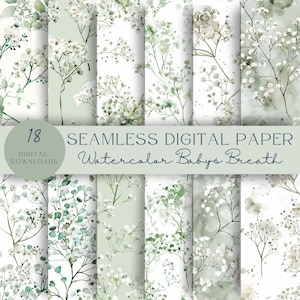 Naadloos bloemenpatroon baby adem | Salie bloemenpapier | Huwelijksuitnodiging | Direct downloaden| Baby's Breath | Witte gipskruidbloem