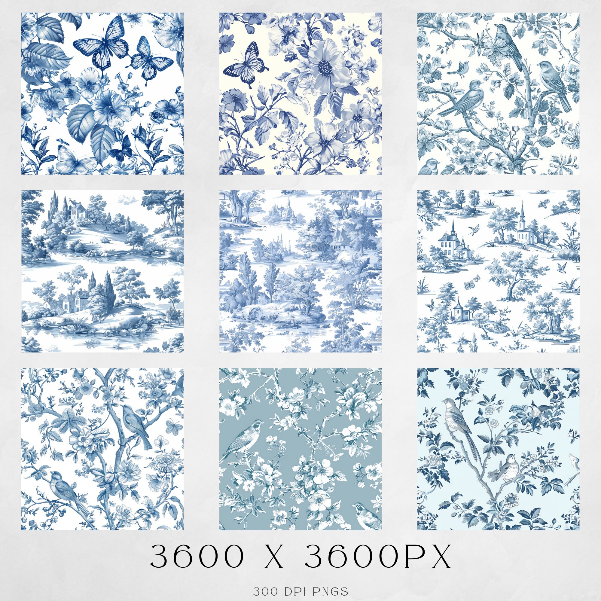 Vintage French Blue Floral Toile De Jouy Digital Paper, Seamless ...