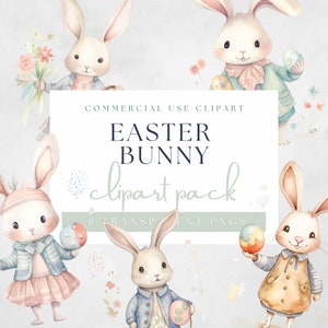 Paquete de imágenes prediseñadas de conejito de Pascua bohemio y caprichoso, acuarela, PNG transparente, descarga instantánea, álbum de recortes, diario basura, uso comercial