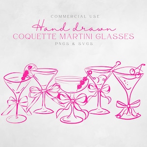 Clipart di bicchieri da Martini, illustrazioni di cocktail disegnate a mano, icone per feste di addio al nubilato, download digitale PNG, SVG, bicchiere da Martini con fiocco