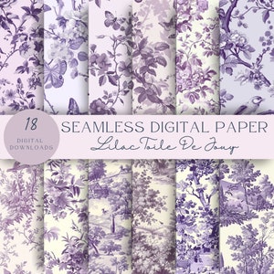 Toile de Jouy PNG / Lila Floral Toile de Jouy Papel Digital, Patrón sin costuras, Scrapbooking, Diario basura, Descarga instantánea