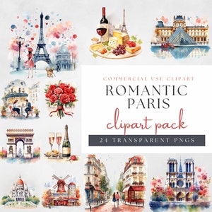Paris romantique, lot de cliparts Saint-Valentin, aquarelle, PNG transparent, téléchargement immédiat, scrapbooking, journal indésirable, usage Commercial