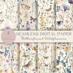 Artigos Digitais de Borboletas e Flores Silvestres | Jornal Lixo | Padrões sem costura | Uso Comercial | Flores Selvagens Jpg | Texturas Florais Pastel