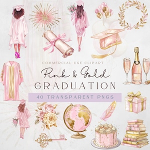 Rosa Graduierung Clipart | Rosa und Gold Aquarell grad Mütze und Kleid | Schwesternschaft Clip Art | Jahrgang 2024 | Grad Girl Clip Art