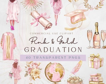 Pink and Gold Graduation Clipart | Watercolor Grad Girl PNGs (Digital Download)