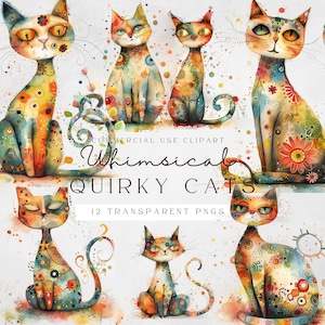 Chats excentriques fantaisistes aquarelles, lot de cliparts, PNG transparent, téléchargement immédiat, scrapbooking, impression à la demande, usage commercial