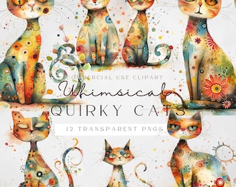 Watercolor whimsical quirky cats, clipart bundle, Transparent PNG, Instant Download, Scrapbooking, Print on demand, Commercial Use