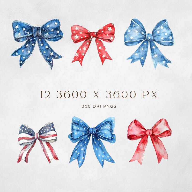 May include: Twelve watercolor illustrations of red, white, and blue bows with stars. The bows are perfect for adding a patriotic touch to your crafts and projects.