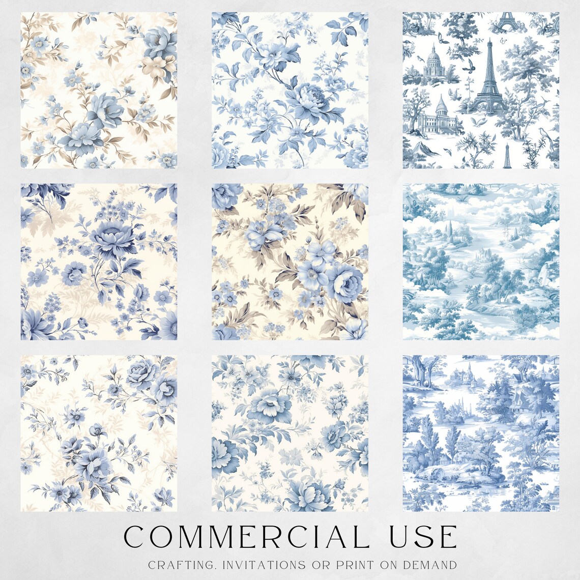 Vintage French Blue Floral Toile De Jouy Digital Paper, Seamless ...