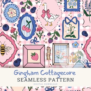 Patrón Cottagecore sin costuras con Silly Goose, cuadros de fresa, flores vintage y marcos vintage, patchwork png, licencia comercial