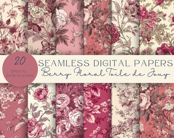 Pink Berry Floral Toile de Jouy Digital Paper, Seamless Pattern, Scrapbooking, Junk Journal, Instant Download