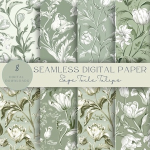 Papier numérique toile de jouy tulipes sauge, motif transparent, scrapbooking, journal indésirable, téléchargement immédiat