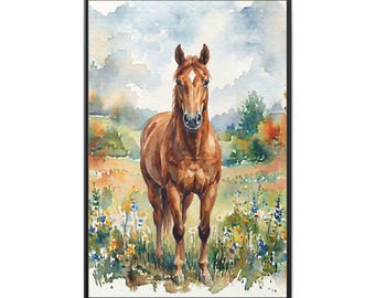 Pintura de caballo en acuarela sobre lienzo mate