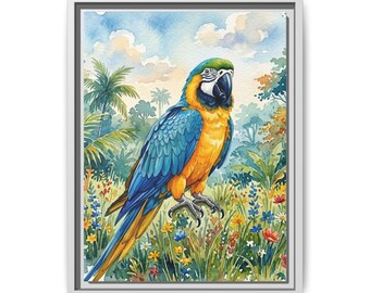 Cuadro en lienzo con marco de un guacamayo azul y dorado de colores vivos / Acabado mate