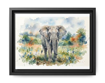 Acuarela de elefante sobre lienzo mate enmarcado / Arte mural de vida silvestre