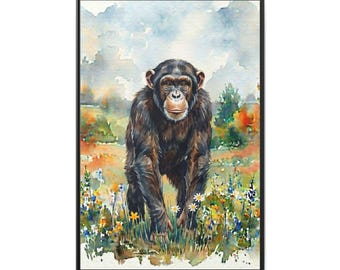 Cuadro de chimpancé en acuarela, enmarcado con acabado mate / Arte mural de animales, lámina de la selva.