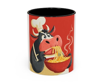 Taza con diseño de un chef comiendo fideos / Taza de café Accent de 11 oz y 15 oz