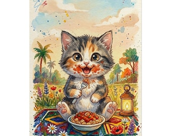 Pósters de gatitos adorables comiendo espaguetis enrollados / Arte mural de gatos de dibujos animados