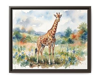 Acuarela de jirafa sobre lienzo mate enmarcado / Decoración de pared para habitación infantil con temática de safari