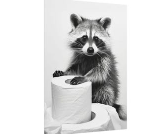 Póster de mapache con papel higiénico / Póster enrollado, arte mural de animales en blanco y negro