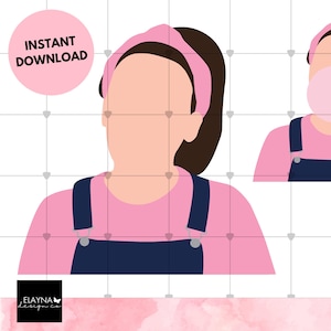 May include: Digital illustration of a person with brown hair wearing a pink headband and a pink shirt with blue overalls. The person is blowing a bubble.