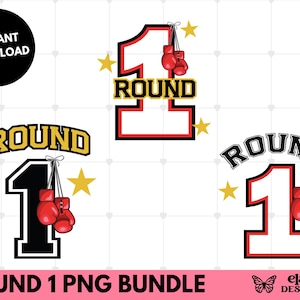 以下が含まれることがあります： 「Round 1」の文字とボクシンググローブ、星のアクセントをあしらったデジタルグラフィックデザイン。「Instant Download」と「Round 1 PNG Bundle」の文字が含まれています。