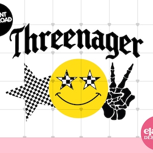 May include: A digital graphic design featuring the black text Threenager above a yellow smiley face with black and white checkered star eyes, a black and white checkered star to the left, and a black skeleton hand making a peace sign to the right.