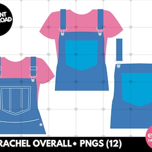 Op de afbeelding: Digitale illustratie van drie blauwe overalls met roze t-shirts. De overalls hebben een grote voorzak en verstelbare bandjes. De afbeelding bevat de tekst "MS RACHEL OVERALL • PNGS (12)" en "INSTANT DOWNLOAD".