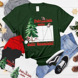 May include: Dark green t-shirt with a Christmas-themed graphic. The design features a Christmas tree, gnomes, and a graph with the text "Polynomials make Jolly Gnomials!" Several other t-shirts are visible, along with jeans and black sneakers.