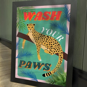 Wash your hands/paws bathroom wall art | fun colourful bright wall art | bathroom wall art