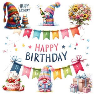 Joyeux anniversaire, lot de cliparts gnome anniversaire, joyeux anniversaire aquarelle, 48 gnome cadeau téléchargeable mignon PNG