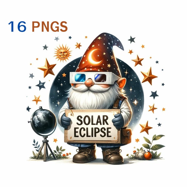 Gnome de l'éclipse solaire 16 pngs Clipart pour les amateurs d'astronomie et de jardinage. Téléchargement numérique instantané à des fins commerciales.