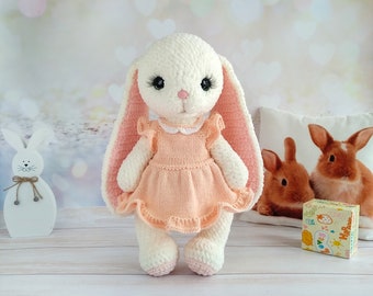 Plush Crochet Bunny Rabbit, Stuffed Toy for a Girl, Bunny with Clothes, Cute Creamy Rabbit