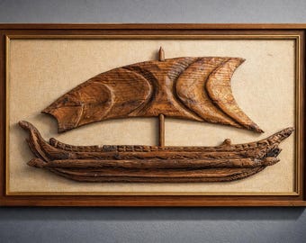 Large Tiki Ship & Sail Wall Carving Wood Relief Mid Century 60”