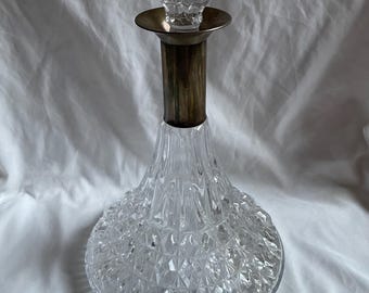 Vintage Crystal Faceted Decanter w/ Silver Neck 12”H 7”D Barware