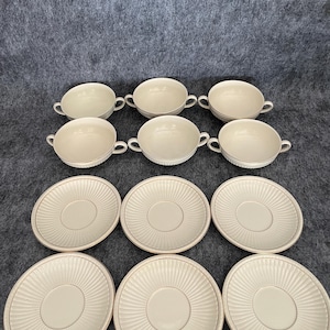 Vintage Set of 6 Wedgwood Edme Queensware Cream Soup Bowls Saucers Double Handle