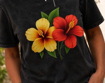 Hibiscus Flower Black Washed T-Shirt, Tropical Floral Graphic Tee