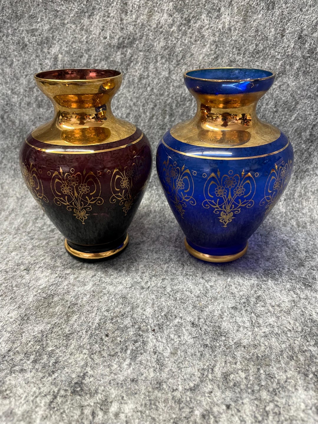 ムラーノガラスの花瓶 ペア コバルトブルー＆アメジストゴールド