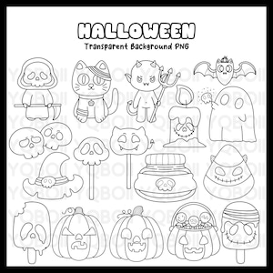 Halloween Outline Clip Art, Cute Halloween Line Art,  Cute Creepy PNG | Transparent Background PNG