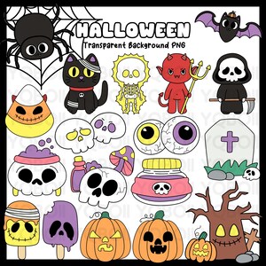 Cute Halloween Clip Art, pumpkin, ghost, black cat, spider, candy | Transparent Background PNG