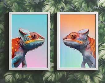Chameleon Print Set - Two Complimentary Pieces Included - Realistic, Striking & Unique Wildlife Colourful Animal Wall Art