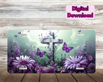 Religious License Plate PNG, Religious Cross License Plate Design PNG, Christian Affirmation Digital Download PNG, Purple Flowers png