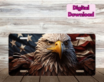May include: A close-up of a bald eagle with a yellow beak and brown feathers. The eagle is in front of an American flag.