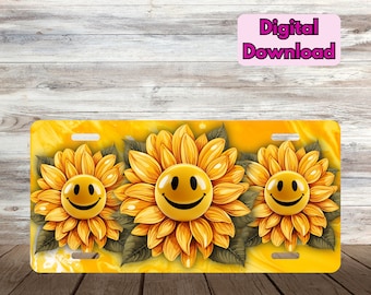 Smiley Face Sunflower License Plate PNG, Floral Smiley Face License Plate Sublimation Design PNG, Smiley Face Digital Download PNG