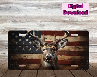 Hirschjagd Lizenzschild mit amerikanischer Flagge PNG, Buck Lizenzschild mit amerikanischer Flagge PNG, Jagdsublimationsdesign PNG, Autokennzeichen png
