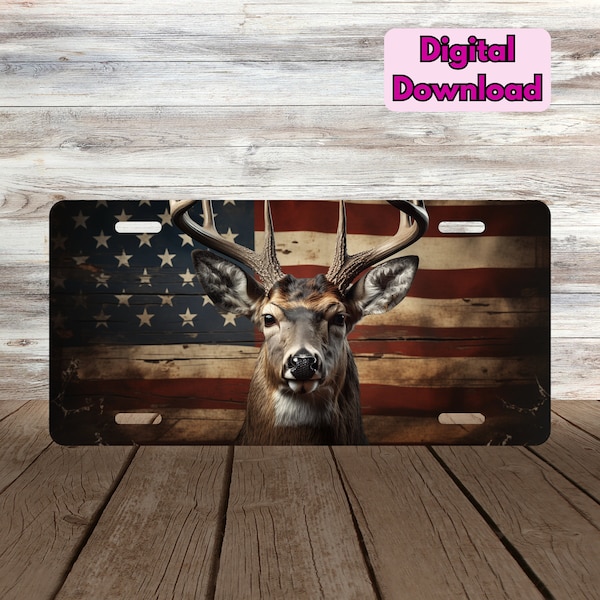 Deer Hunting American Flag License Plate PNG, Buck American Flag License Plate PNG, Hunting Sublimation Design PNG, Car License Plate png