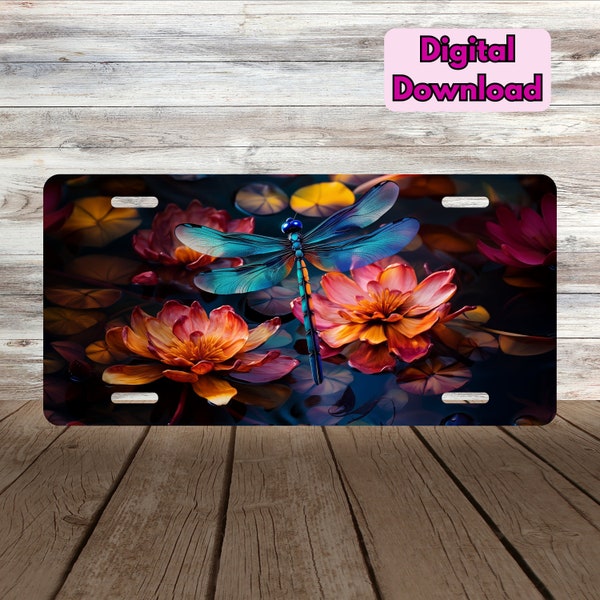 Dragonfly Pond Lake License Plate PNG, Dragonfly License Plate Sublimation Design PNG, Lily Pad Digital Download PNG, Car License Plate png