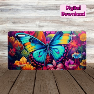 Colorful Butterfly License Plate PNG, Neon Butterfly License Plate Sublimation Design PNG, Butterfly Digital Download PNG, Car License Plate