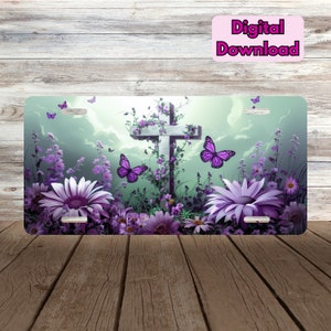 May include: A white cross surrounded by purple flowers and butterflies against a green and white cloudy background. The image is suitable for a license plate.