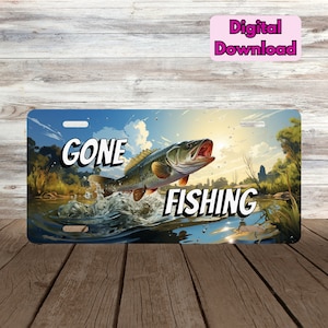 May include: A blue and green license plate design with a largemouth bass jumping out of the water. The text "GONE FISHING" is in white letters with a black outline.